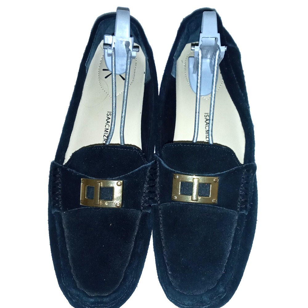Isaac Mizrahi Live! Sz 8 Black Suede Moccasins w Gold Toned Buckle Driving Shoes